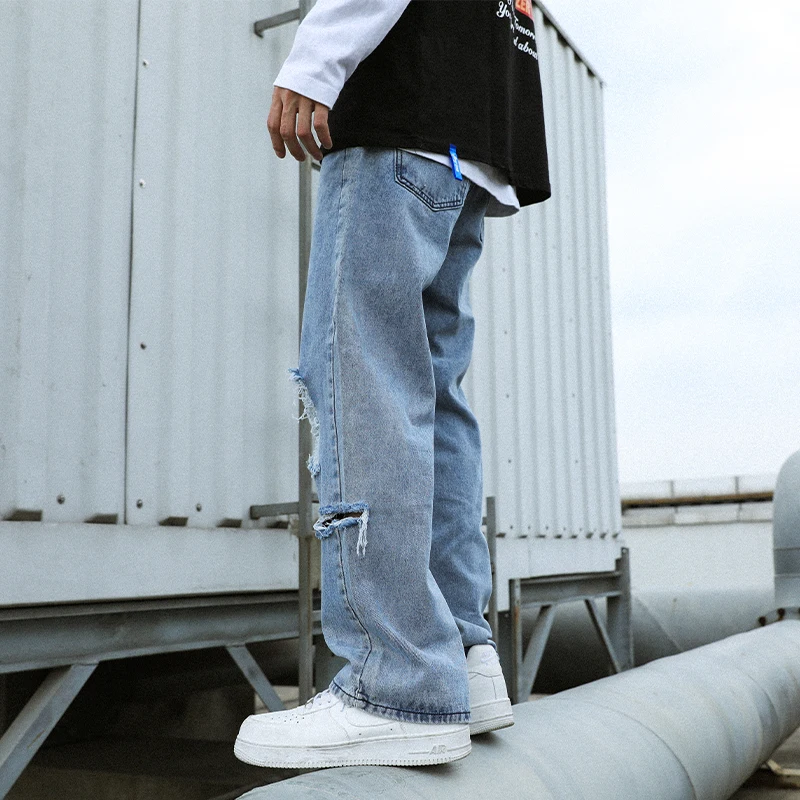 European American Street Style Fashion Men Jeans Loose Fit Retro Blue Destroyed Ripped Jeans Men Hip Hop Wide Leg Pants