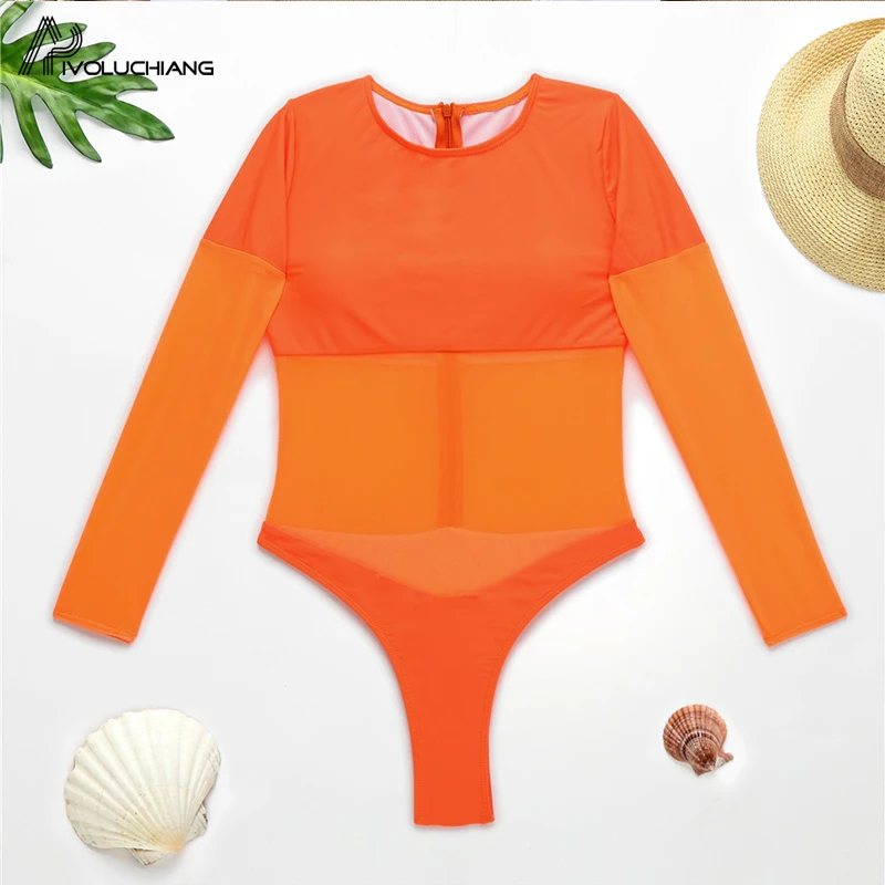 Женский слитный купальник с высоким воротником прозрачный длинным рукавом на