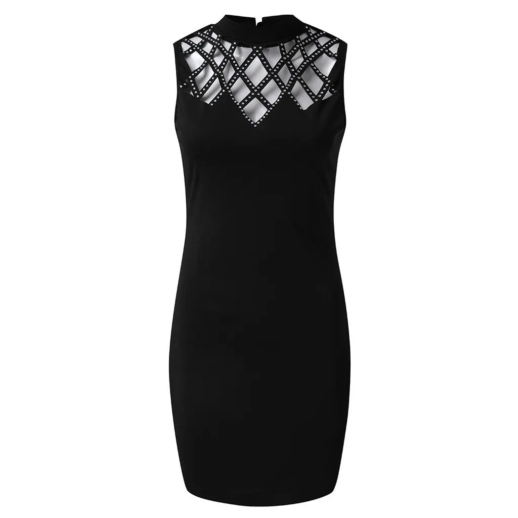 

Summer Dress Fashion Women Girls Casual Above Knee Length S-XL Polyester O-Neck Sleeveless Hollow Out Nail Beading Mini Dress