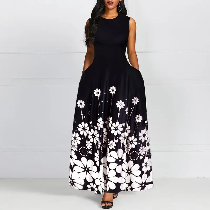 Винтажное женское платье трапециевидной формы без рукавов с цветочным принтом