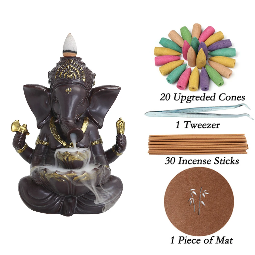 

Ganesha Backflow Incense Burner Elephant God Emblem Ceramic Cone Censer Cerative Home Decor Incense Stick Holder 20 Pcs Cones