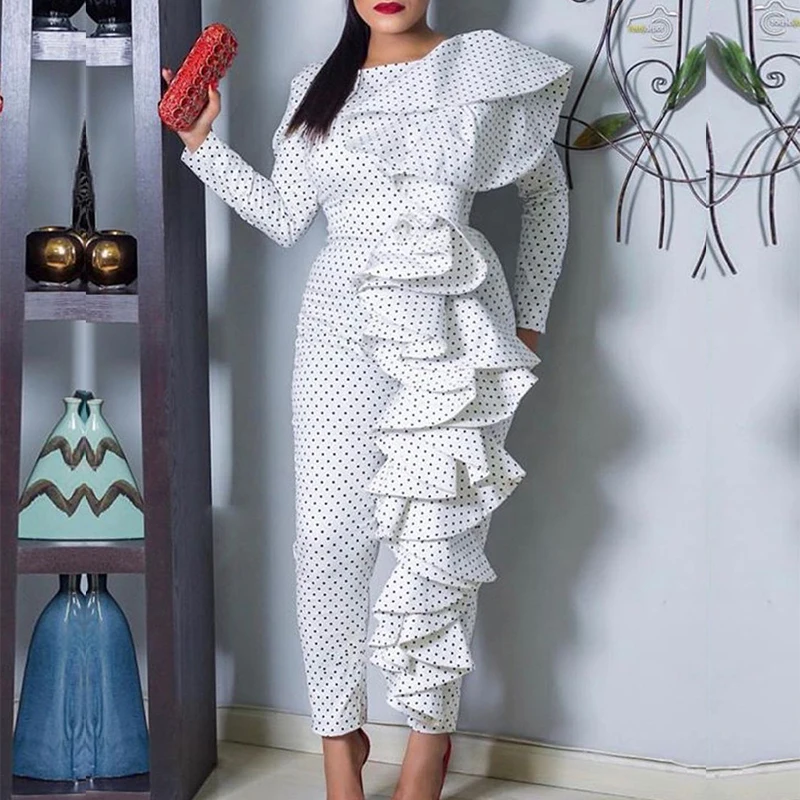 

Spring Autunm Full Sleeves Rompers Womens Jumpsuit Elegantes Layered Ruffles Long Playsuit Vintage Dots Overalls Jumpsuit Ladies