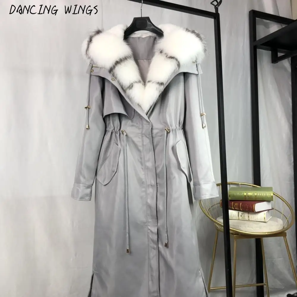 GRAY blue Женская парка из натурального меха, зимняя теплая натуральная подкладка из кроличьего меха Рекс, пальто с настоящим большим воротником из лисьего меха, Длинная зимняя куртка - Цвет: GRAY blue