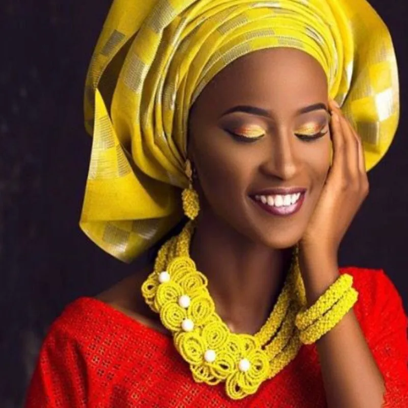 

Yellow Color Jewellery Handmade Craft Dubai Necklace Set 3 Layers Accessories With Bracelet And Earrings 2020 African Style