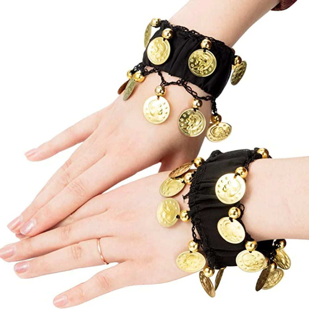 

OPPOHERE 1 Pair Fashion folk-custom Belly Dance Wrist Ankle Cuffs Bracelets Chiffon Gold Coin Belly Dance Costume Accessory