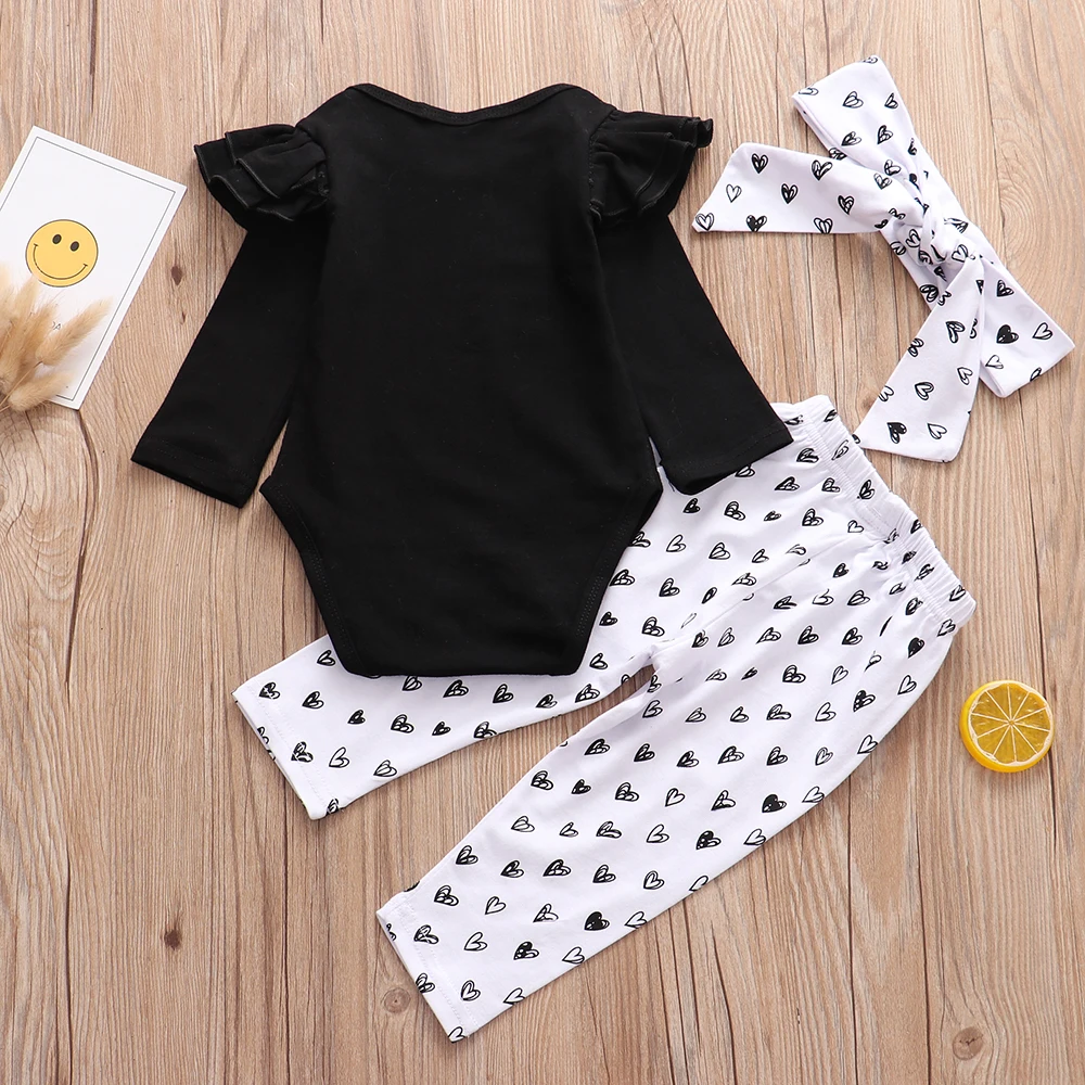 Милый комплект одежды для новорожденных девочек черный топ с длинными рукавами +