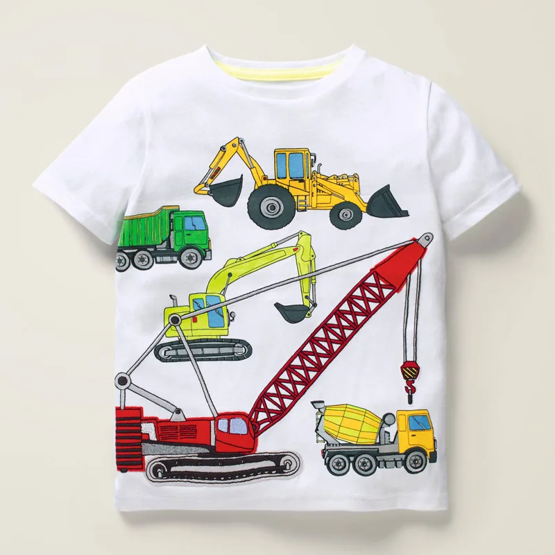 

Little Maven New Summer Children White Excavator Crane Printed O-neck Short- sleeved Cotton Knitted Boys Casual Tshirts Tops