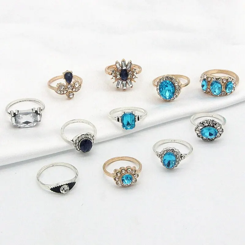 

11Pcs/Set Delicate Luxury Women Blue Crystal Geometry Round Water Drops Irregular Flower Ring Set Charm Party Wedding Jewelry