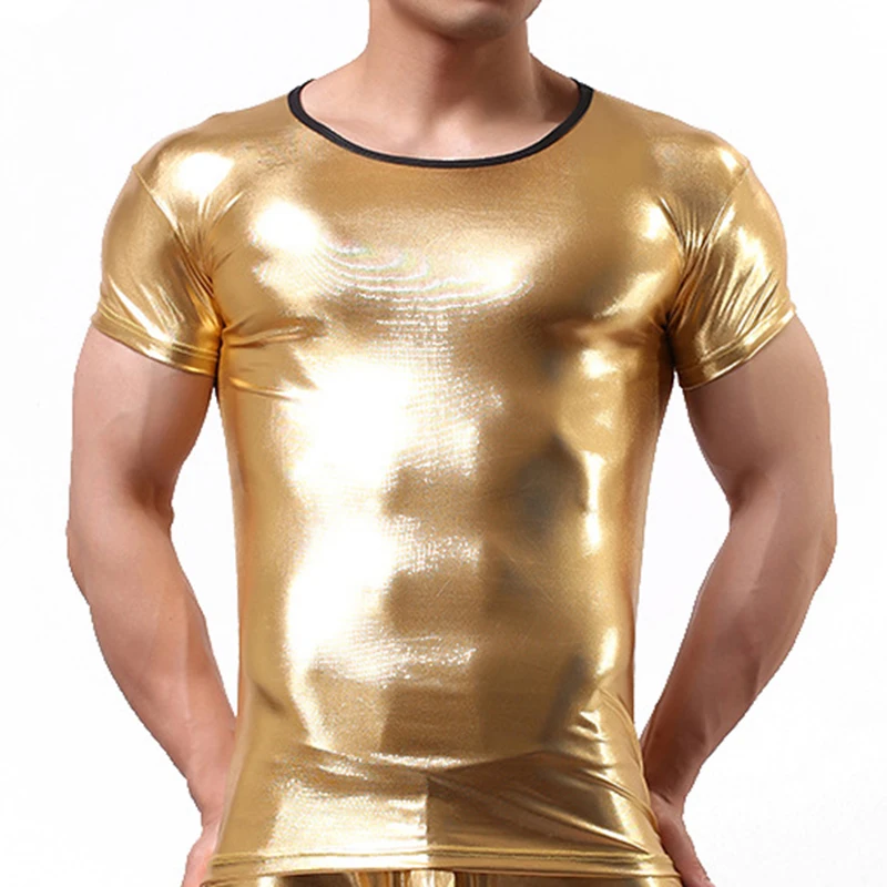 

Summer Men Running T Shirt Faux Leather Tight Sport T-Shirt Short Sleeve Muscle Gym Fitness Bodybuilding Mens Tops Tee Tshirt