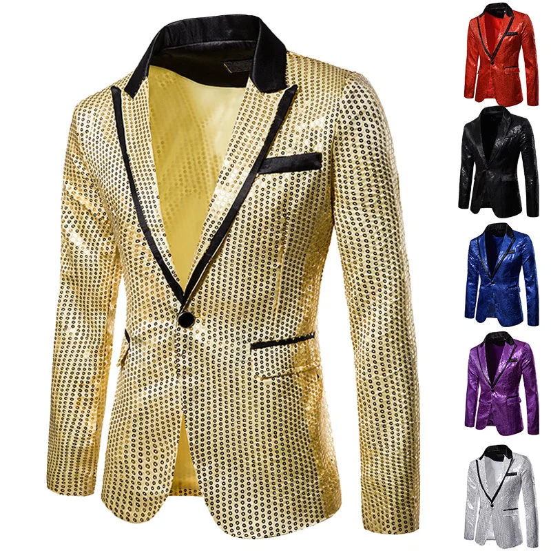 

Мужской блестящий пиджак с блестками, блестящий блейзер для выступлений, приталенный силуэт для ночного клуба, мужская одежда для сцены, бо...