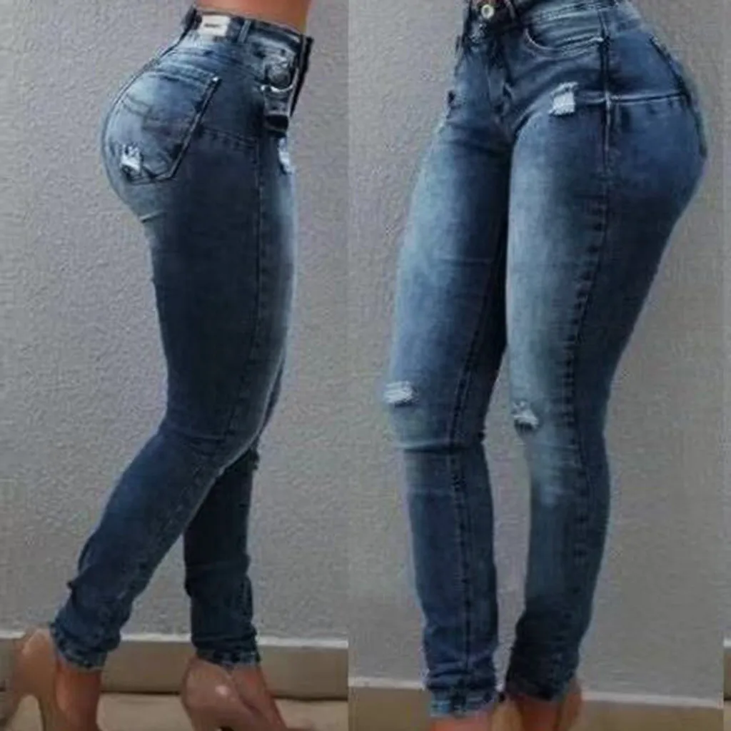Пикантные рваные джинсовые брюки с высокой талией женские джинсы карандаш узкие