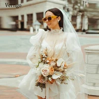 verngo vintage ivory organza short wedding party dresses puff long sleeves tie high neck ruffles beach wedding bridal gowns