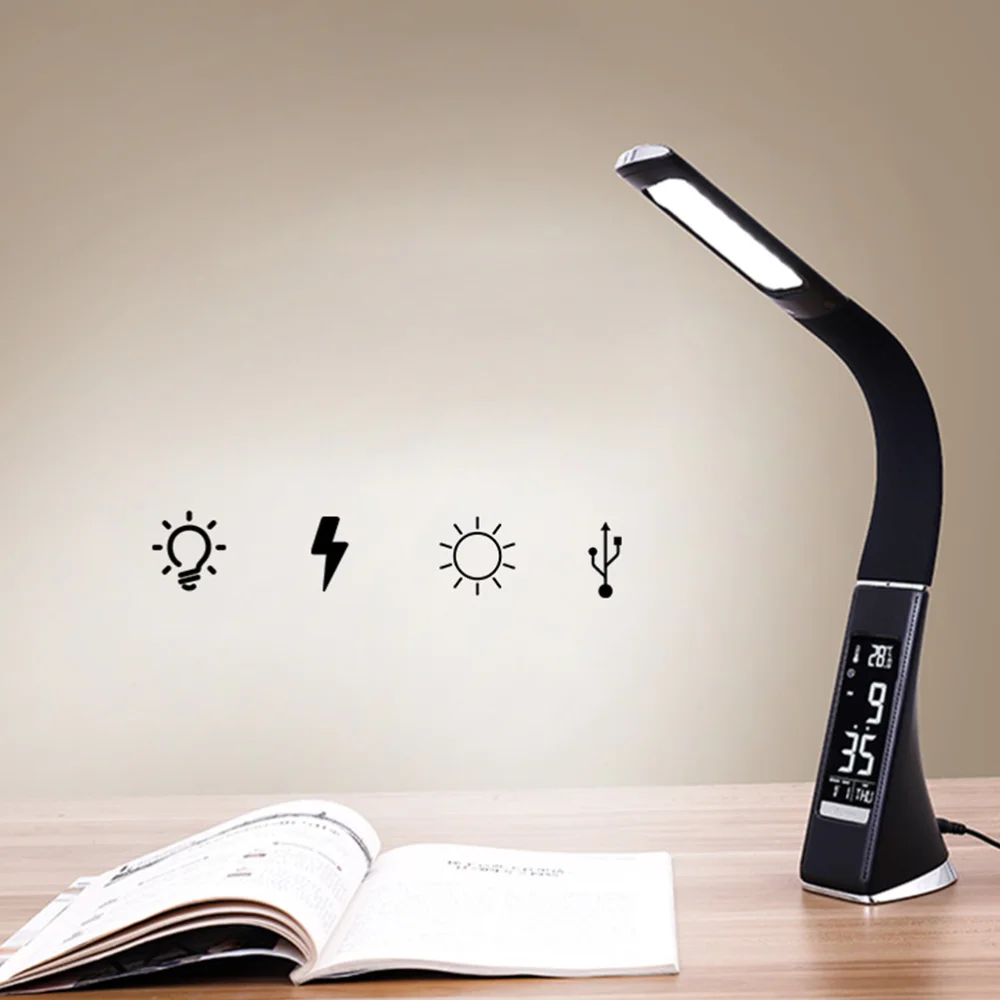 

Clock Table Light LED Lamp Temperature Calendar Lamp Display Screen Eye-care Desk Lamp for Bedroom Study Room (Black)