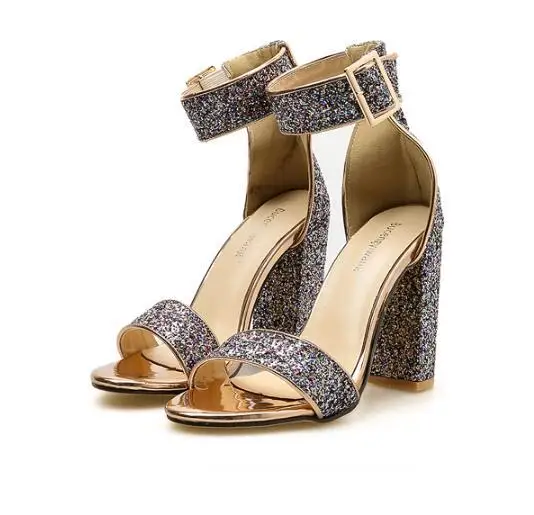 

New thick heel Sequin ankle buckle open toe high thick heel women's sandals are in size