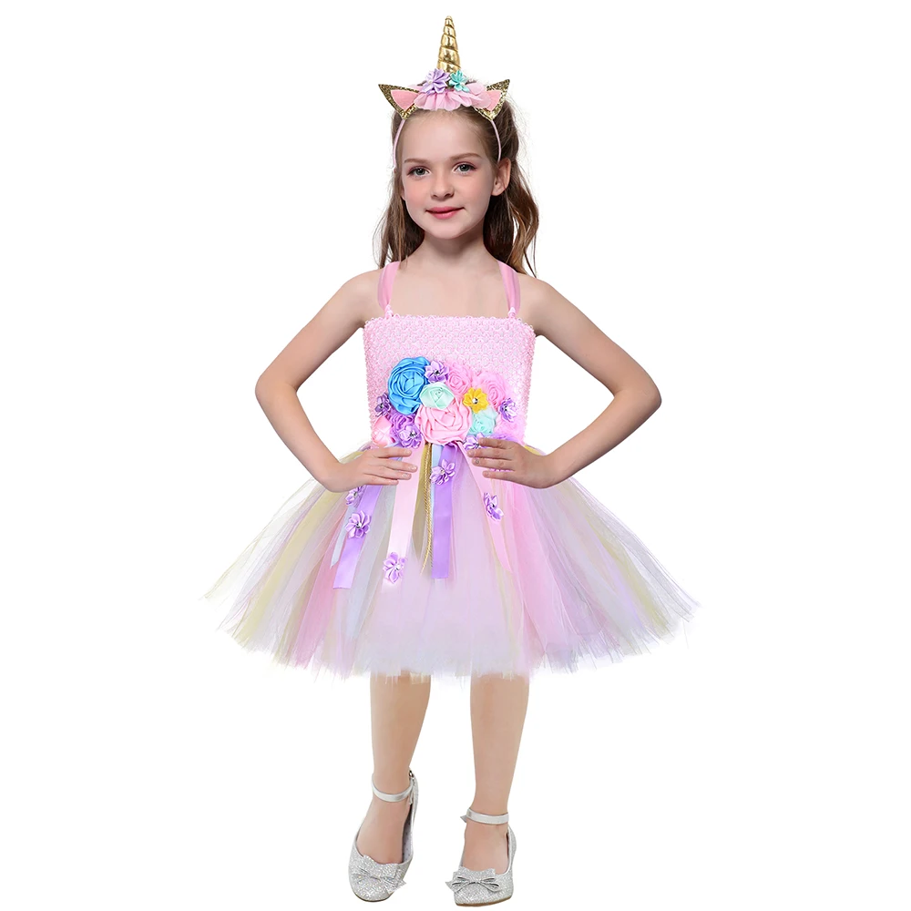 Unicorn Tutu Dress with Headband Cute Girls Flowers Knee Length Birthday Party Dresses Children Kids Halloween Carnival Costume | Детская
