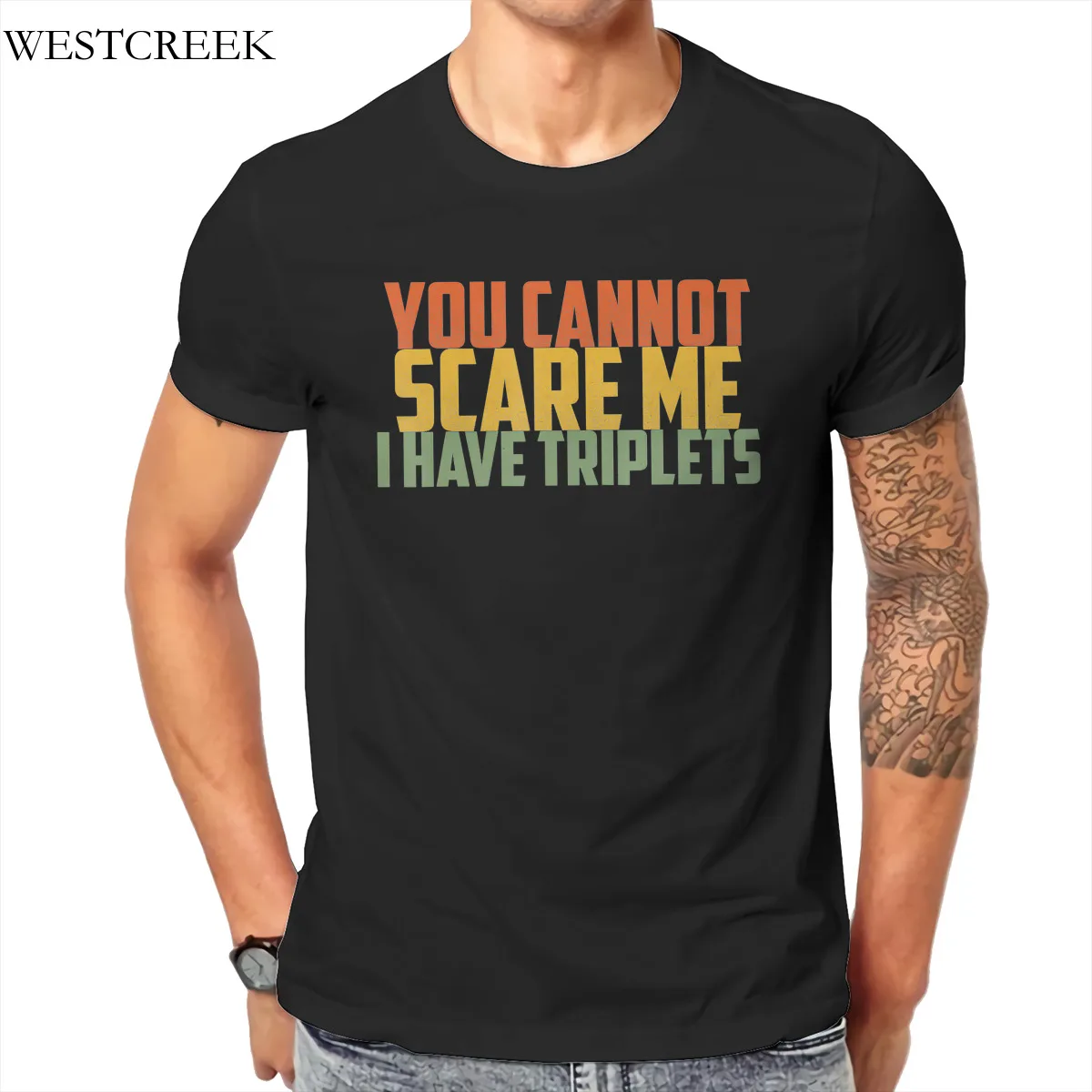 

WESTCREEK Wholesale You Cannot Scare Me I Have Triplets Vintage Essentials Funny Couples Round Collar 2021 Men's T-Shirts 167321