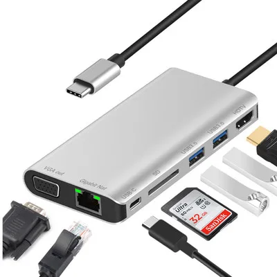 

Type-C HUB 8in1 Docking station Hub USB Type C Hub For Macbook Phone 5Gbps Transmitter Type-C To HDMI+PD+Rj45 Adapter Support SD