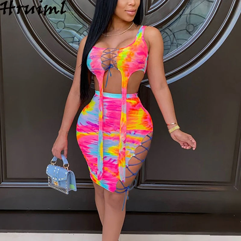 

New 2 Piece Set Crop Top&skirts Tie Dye Print Criss-cross Lace Up Sexy Suit Women Summer Fashion Party Clubwear Women Clothing