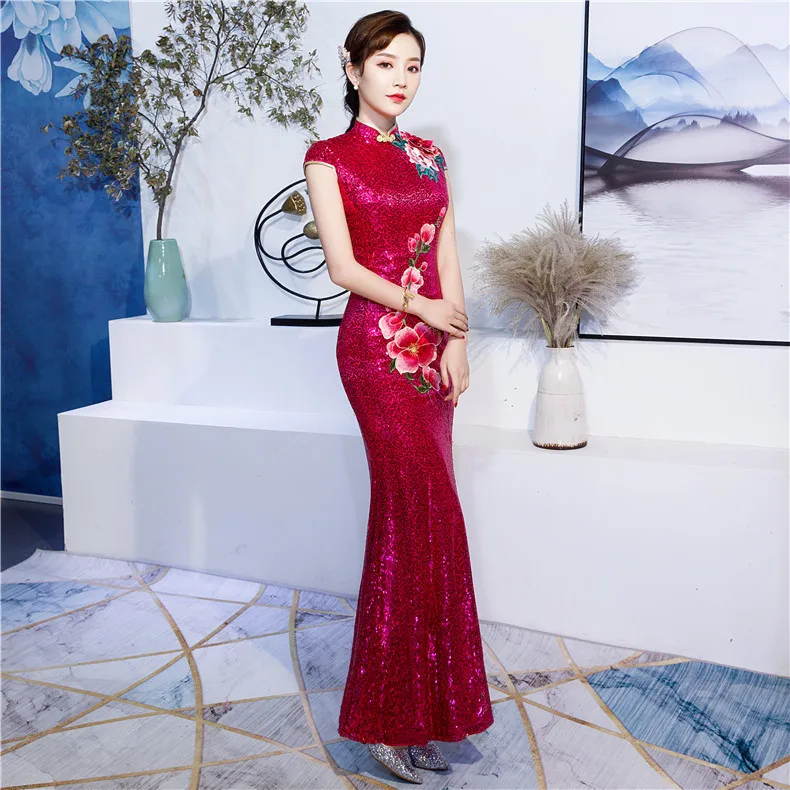 Ярко розовые Для женщин Русалка Cheongsam Длинные вечерние платья с воротником