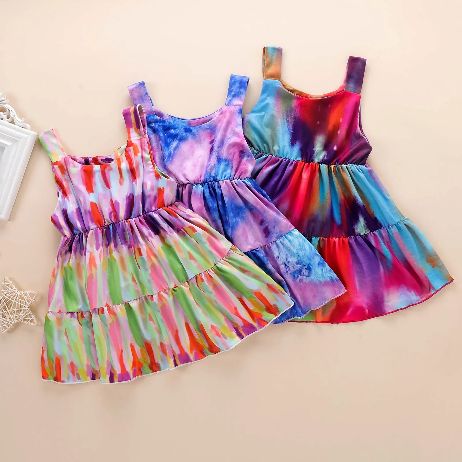 

baby dresses Toddler Kid Baby Girl Summer Sleeveless Tie-dye Dress With Sling Dresses for children Girls 2021 плае для девоки
