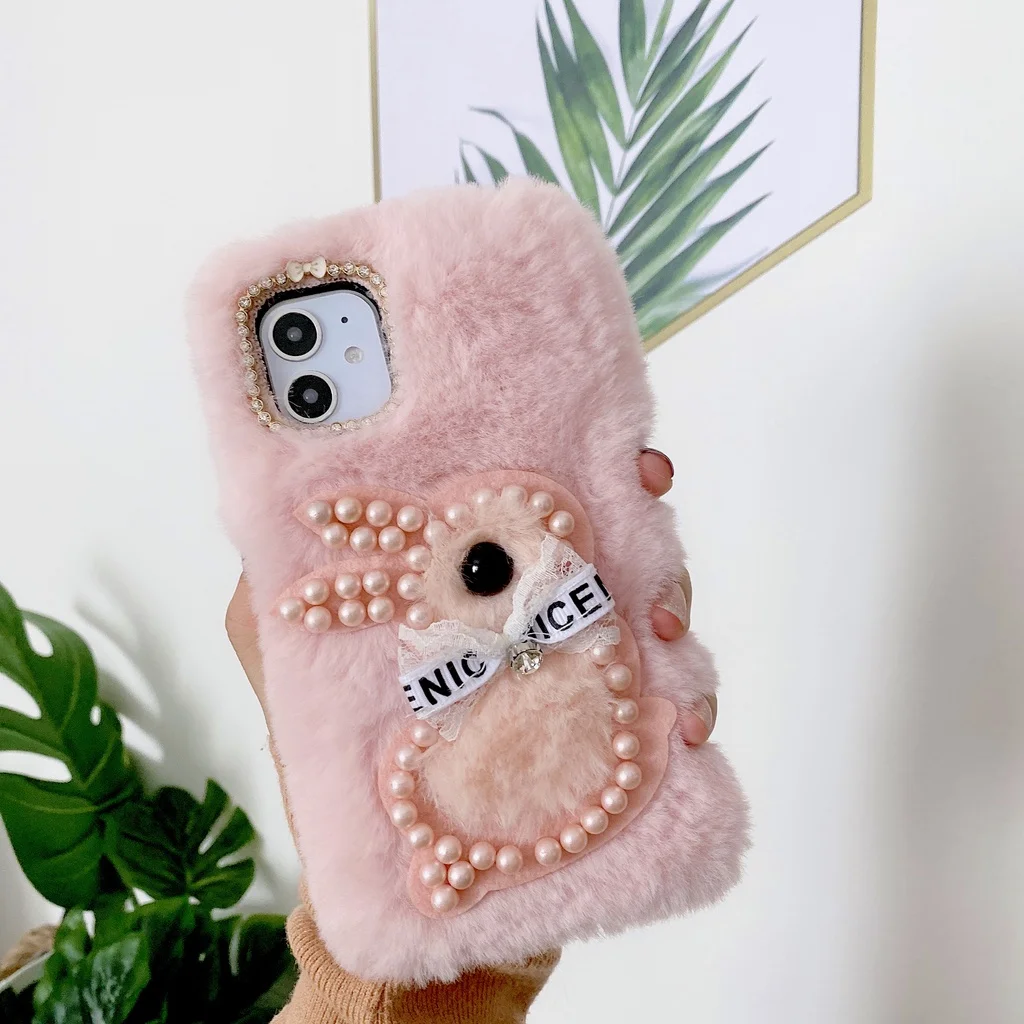 

For Samsung A52 A72 A32 5G A12 A42 A51 A71 A20S A10S Warm Fur Plush Diamond Cute rabbit Cartoon Phone Case