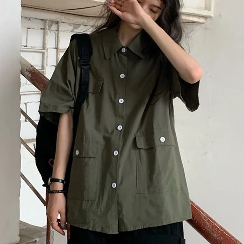

Shirts Women Short Sleeve Summer Solid Oversize Shirt Couple Loose Womens Blouses Simple Streetwear All-match High Quality Tops