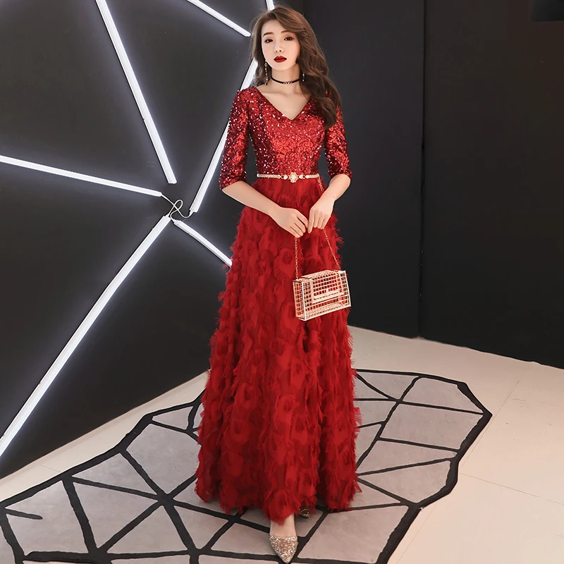 Женское вечернее платье A Line AE599 элегантное бордовое кружевное длинное с v