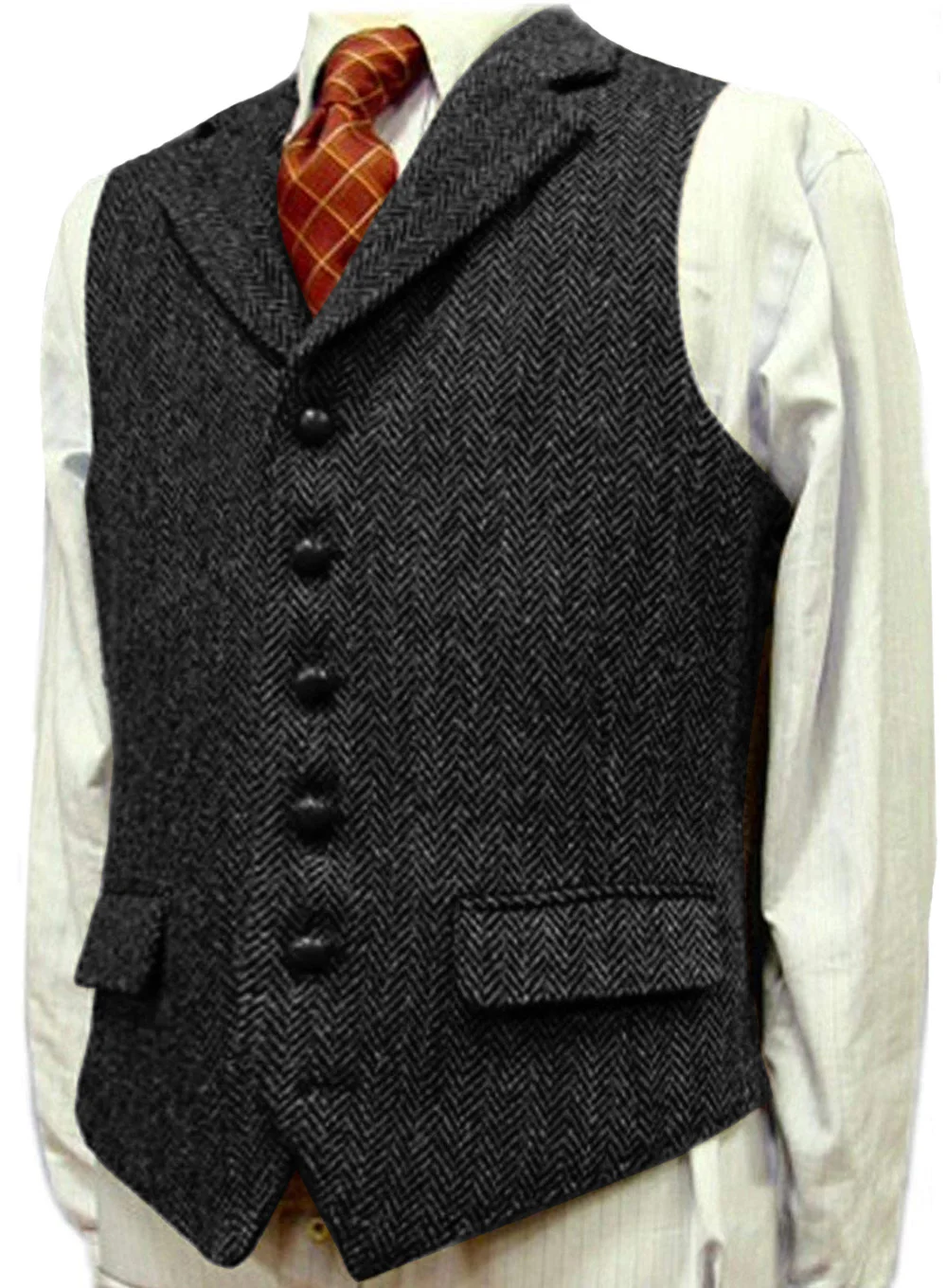 

Mens Classic Casual Suit Vest Normal Fit Herringbone V Neck Notch Lapel Navy Green Royal Blue Wool Tweed Waistcoat Groom Wedding