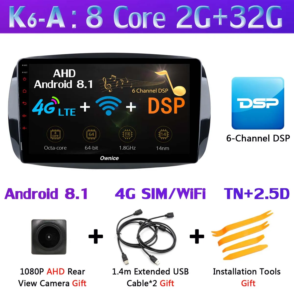 K6-A 360 ° камера 4G LTE Android 9,0 4G+ 64G SPDIF DSP CarPlay Автомобильный мультимедийный плеер для Mercedes Benz Smart Fortwo- gps радио - Цвет: K6-A