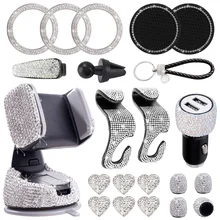 Pack of 21 Bling Ladies Auto Parts Car Charger/Mobile Phone Holder/Tire Valve Cap/Coaster Rhinestone Decoration Rear Seat Hook