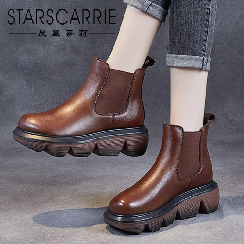 

The first layer of leather short boots 2021 women's thin and thin riding boots thick-soled increased elastic boots retro boots