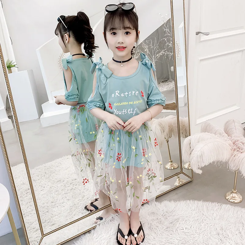 

Children Girl Sets Kids Clothes Girls Off-The-Shoulder Letter Print T-Shirt+Floral Gauze Skirts Two Piece Summer Casual Outfit
