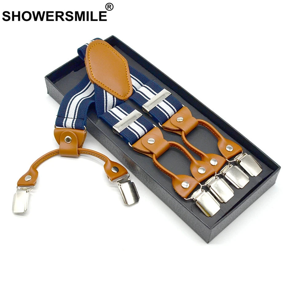 SHOWERSMILE мужские подтяжки для брюк полосатые темно синего цвета 6 зажимов модные