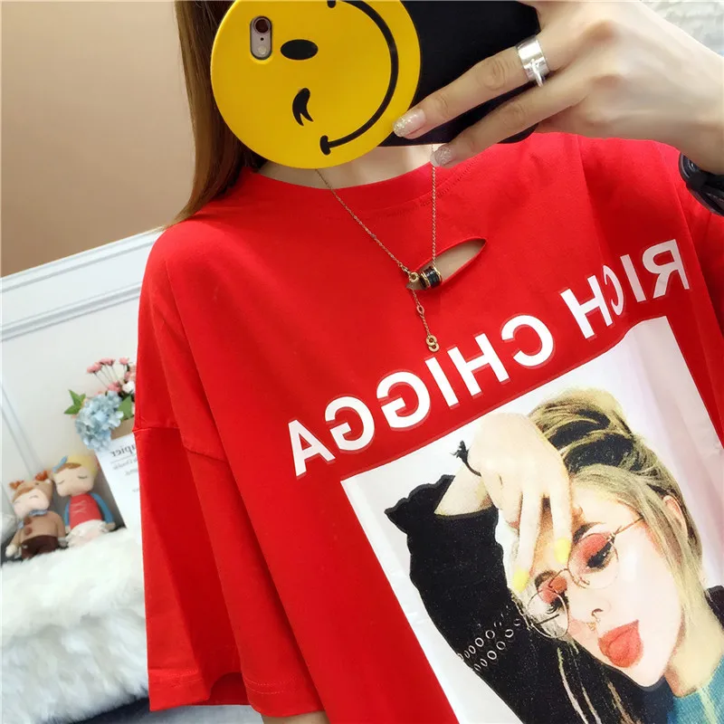 4804 летний узор корейская мода Хлопок Уличная одежда Harajuku большой размер длинная свободная дыра хип хоп половина рукав футболка Женская волна