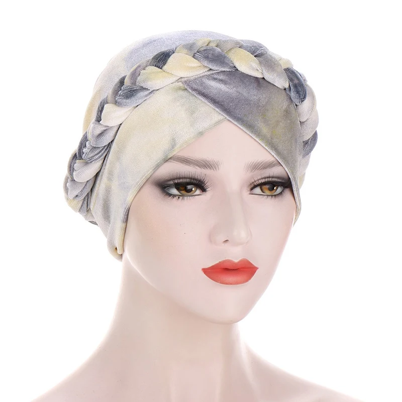 

1PC Fashion Tie-Dye Printing Turban Hat Velvet Muslim Chemo Head Wrap Twist Braid Hijab Caps Inner Bonnet Folds Night Cap