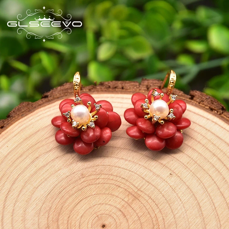 

GLSEEVO Natural Coral Pendant Earrings Female Red Flower Handmade Fashion Luxe Ladies Earrings Fine Jewelry Wedding GiftsGE1042