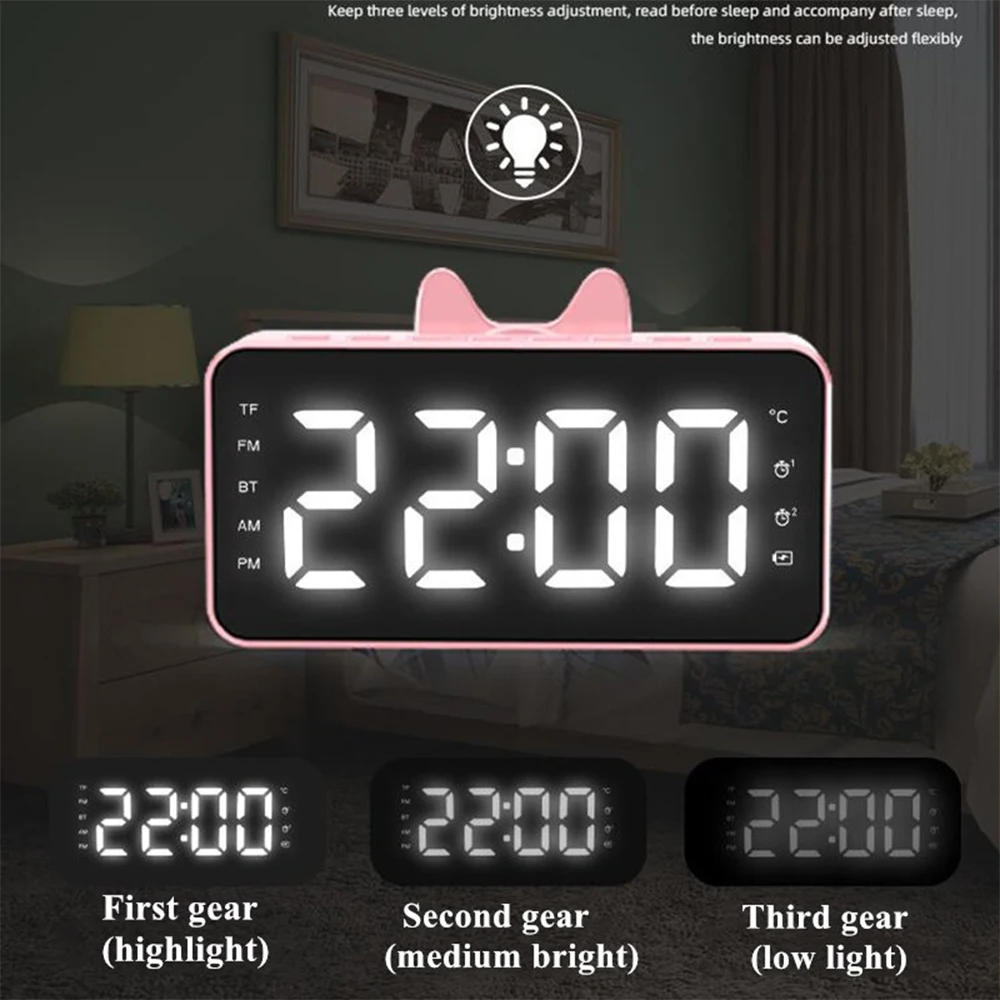 

Portable Mini LED Alarm Clock With FM Radio Wireless Bluetooth Speaker Mirror Display Subwoofer Music Desktop Table Clock