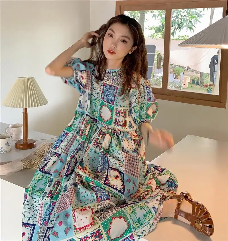 

Summer New Women Fashion Dress Female Printed Sundress Casual Short Puff Sleeve Vestidos Female Loose Robe