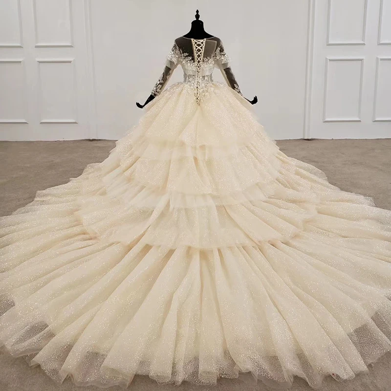 HTL1286 Luxury Wedding Dress O Neck Long Sleeves Tiered Flower Ball Gown Lace Up Illusion Glitter ชุดเจ้าสาว | Свадьбы и