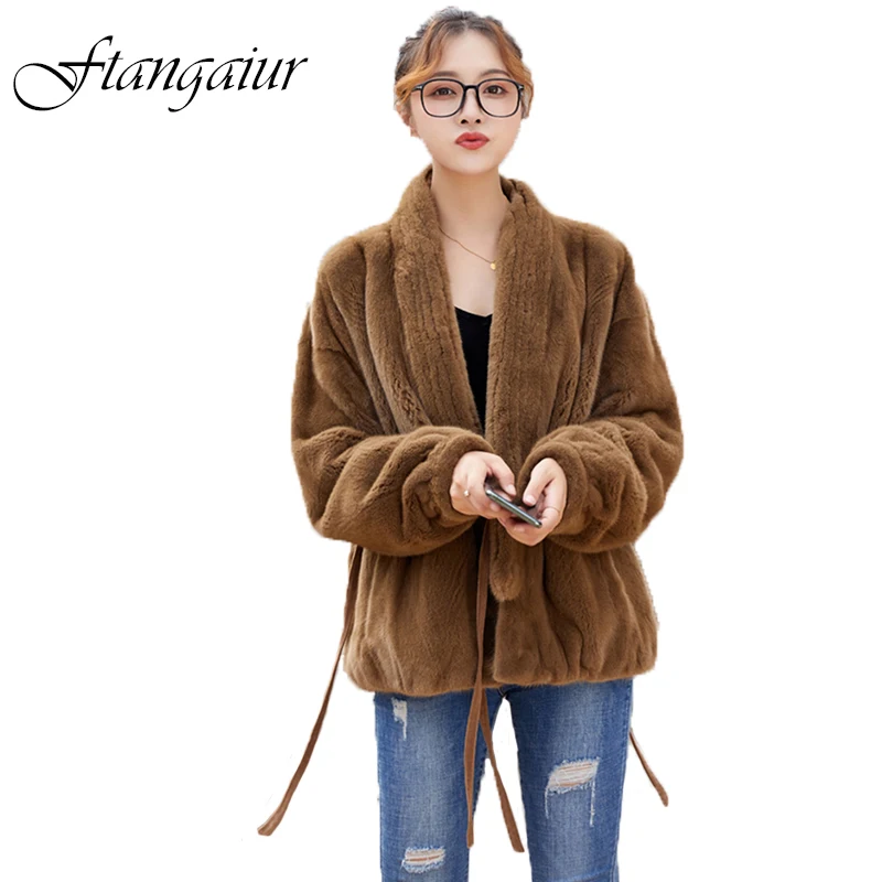 

Ftangaiur Winter Import Velvet Mink Fur Coat Women Full Sleeve Short V-Neck Pure Color Sashes Natural Real Mink Fur Coats