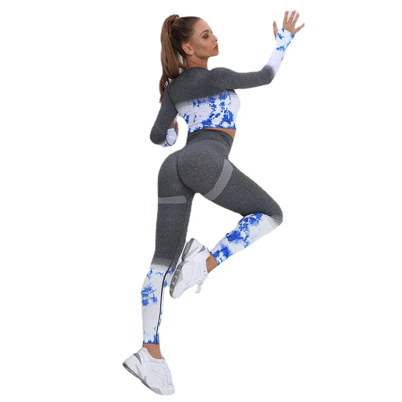 

Seamless Printing Yoga Set Sport Outfits Women Workout Two 2 Piece Long Sleeve Crop Top Leggings Gym Suit Fitness