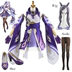 Игра Genshin Impact женщины Keqing Косплей Хэллоуин Фиолетовый Ke Qing костюм удар Genshin Keqing конский хвост смешанные парики обувь