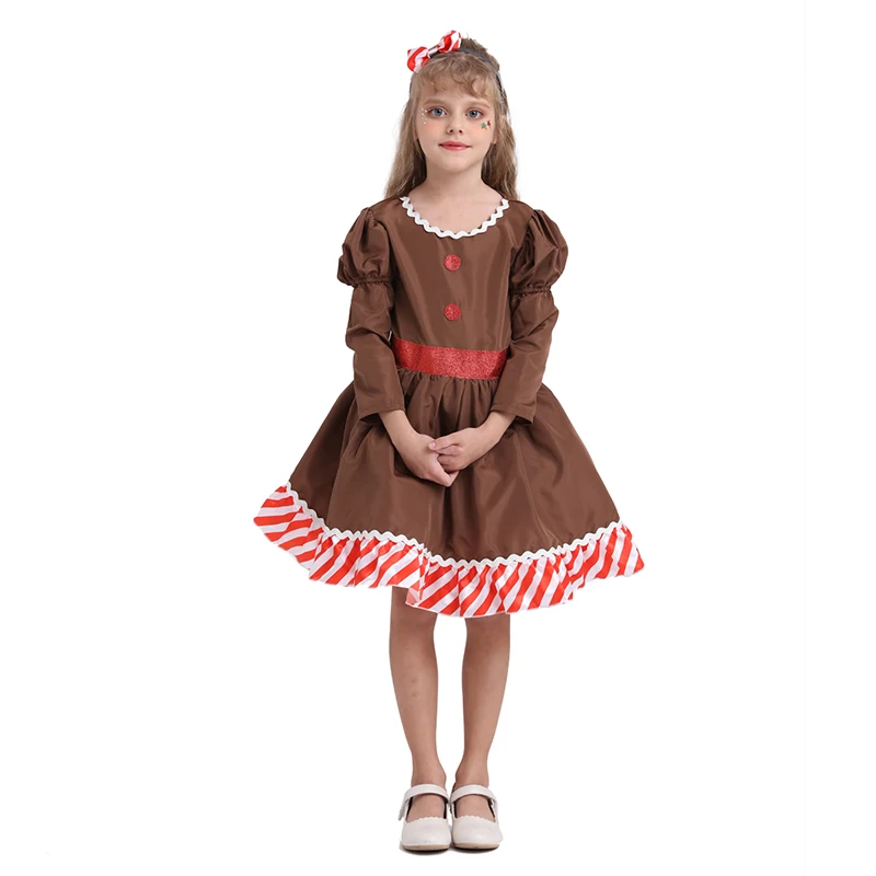 Girls Christmas Gingerbread Man Cosplay Dress Kids Halloween Party Cosplay Gingerbread Costume New Year's Costume