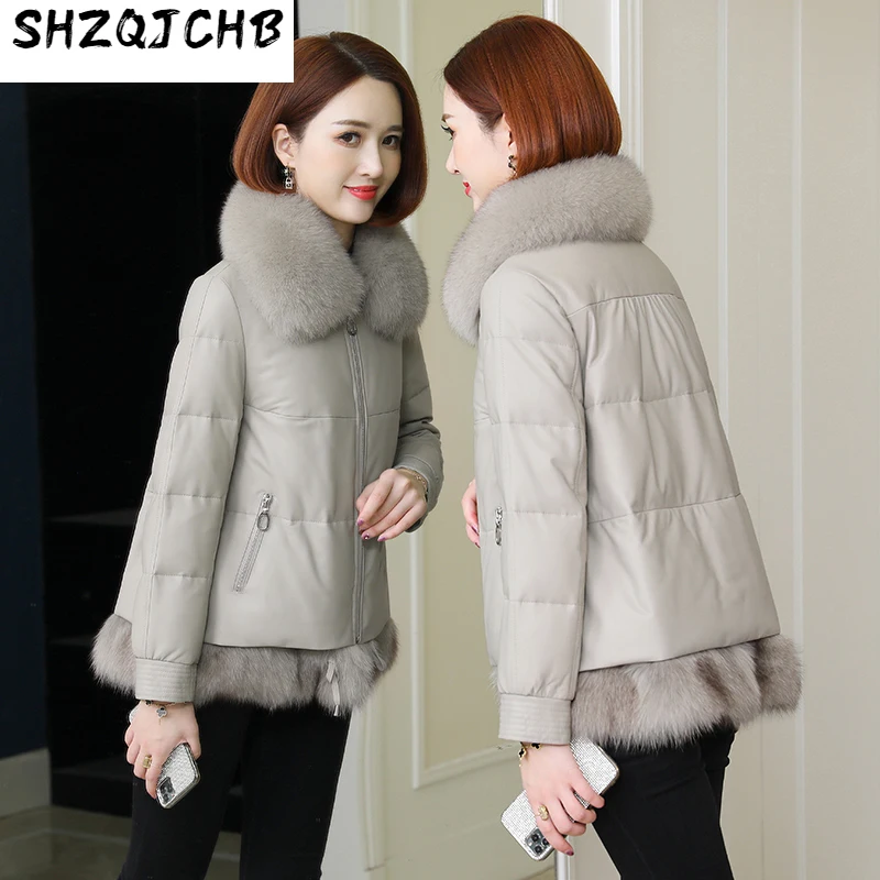 

SHZQ зимнее Новое меховое кожаное пальто женская короткая куртка с воротником из лисьего меха куртка из овечьей кожи пуховик