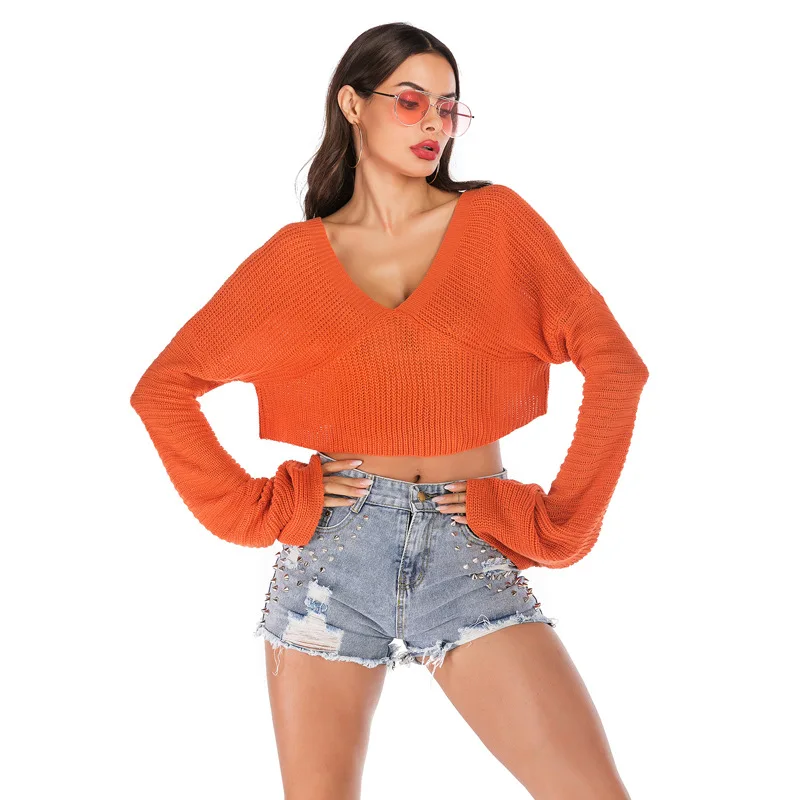 

Witbuy Women Knitted Sweater Orange Solid Pullovers Short Sweater Sweet Girls Long Flare Sleeve V Neck Autumn Streetwear 2021