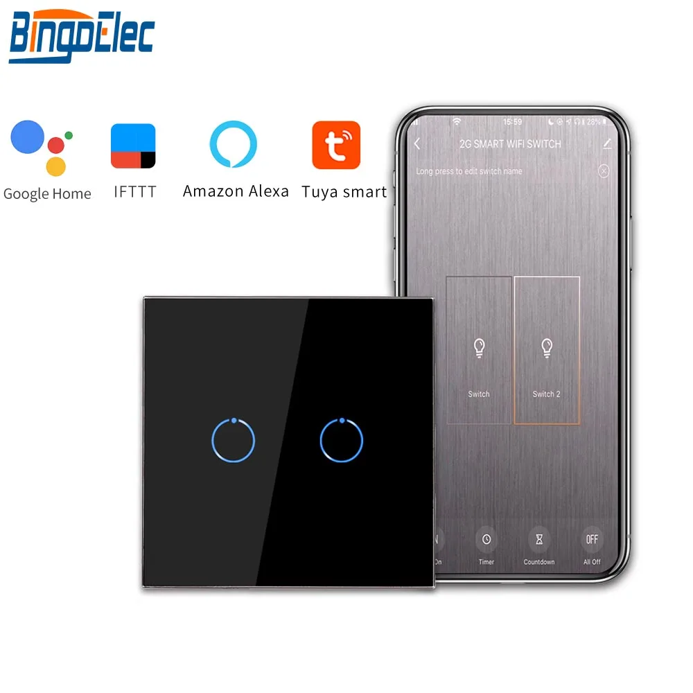 Сенсорный выключатель Bingoelec Европейский/Британский стандарт Wi Fi 2 клавиши 1 канал