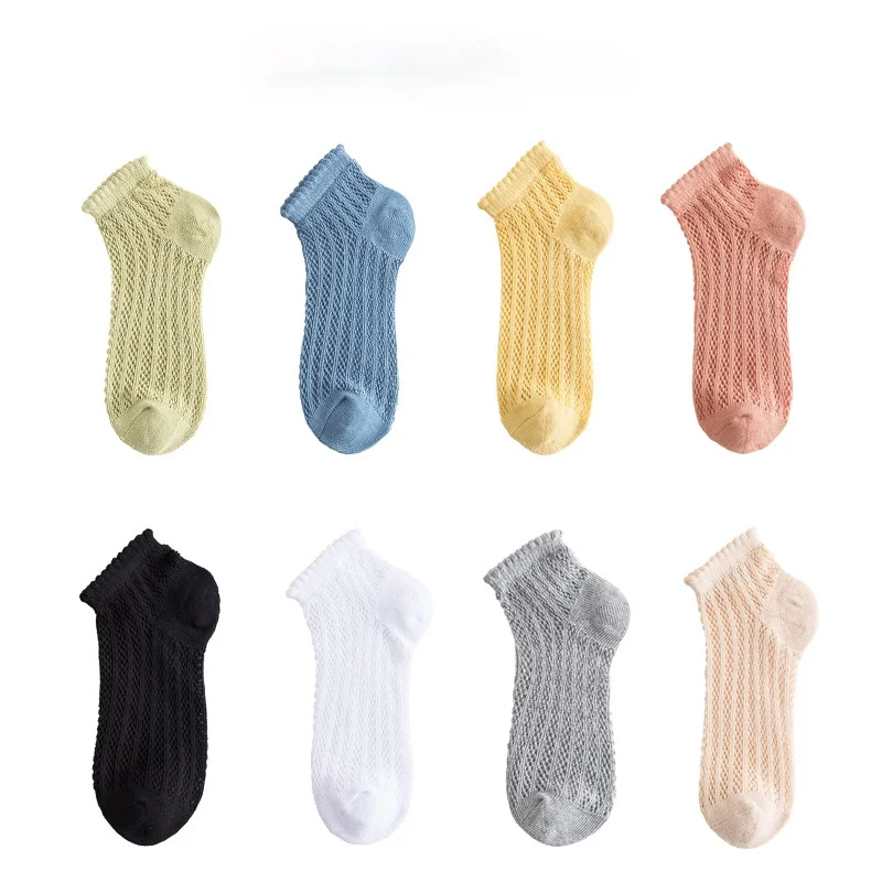 

8 Pairs Spring Summer Thin Hollowed-out Woman Mesh Socks Cotton Solid Color Kawaii Socks Women 5601