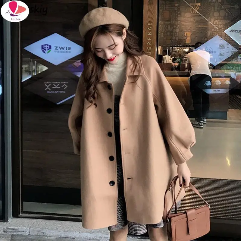 

Long Blends Women Khaki Fall Retro Single Breasted Pure Wide-waisted Lantern Sleeve Lady Coats Casual Clothing All-match