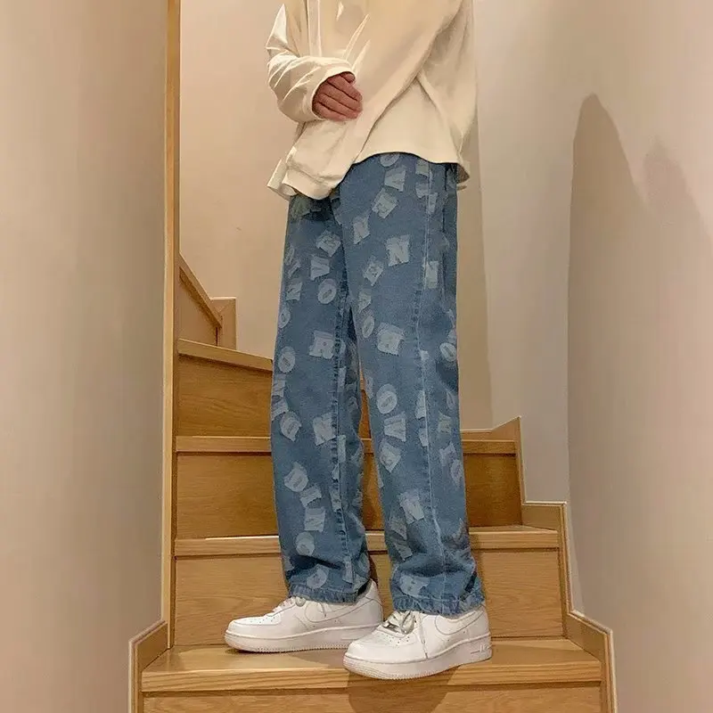 2021 Streetwear Abstract Funny Jeans Patchwork Printed Hip Hop Wide Leg Pants Men High Street hiphop | Мужская одежда