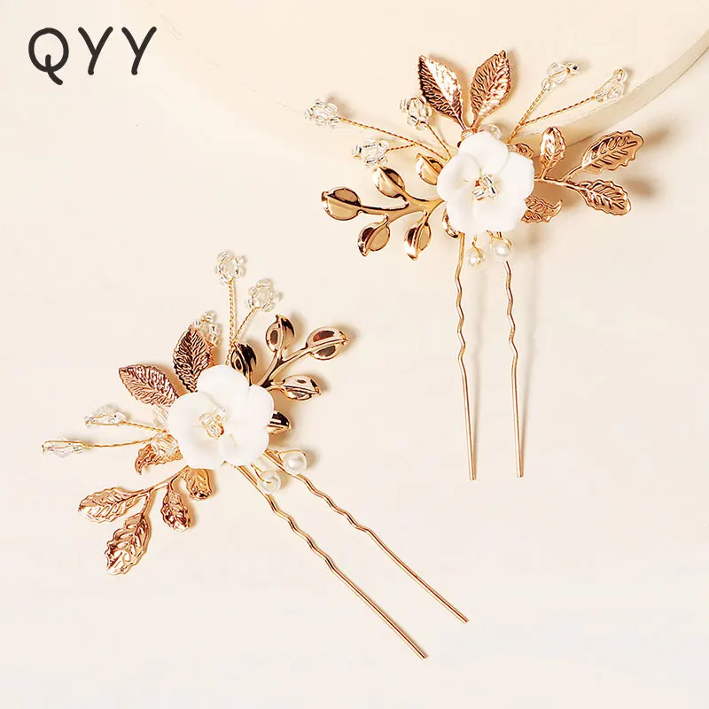 

Handmade Pearl Hair Accessories for Bridal Jewelry Wedding Forks Hairpins 2pcs Flower Hair Clips for Women Gold Leaf Headpiece